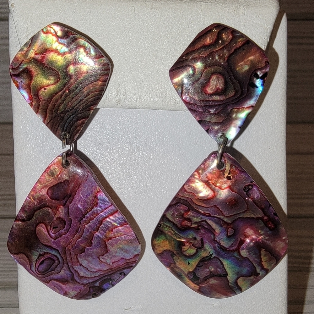 Vintage Purple Abalone Paua Shell Geometric Dangle Pierced Earrings
